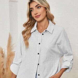 Black Stripe Roll-tab Sleeve Pocketed Tunic Shirt